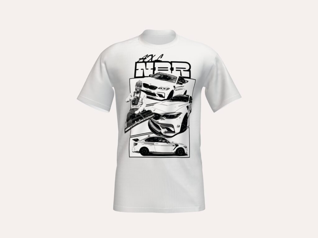 Création graphique automobile sur un t-shirt blanc