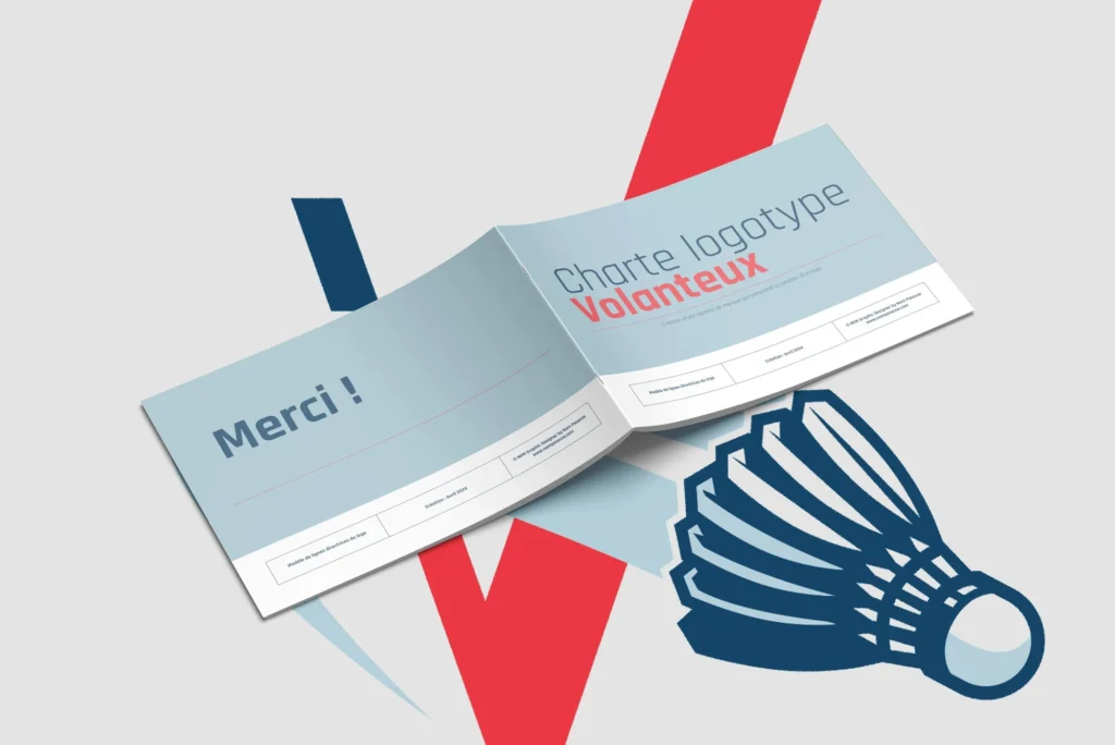 Pages de la charte du logotype Volanteux avec son emblème de badminton