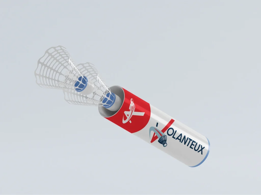 Habillage graphique rouge et blanc d’un tube de volants de badminton