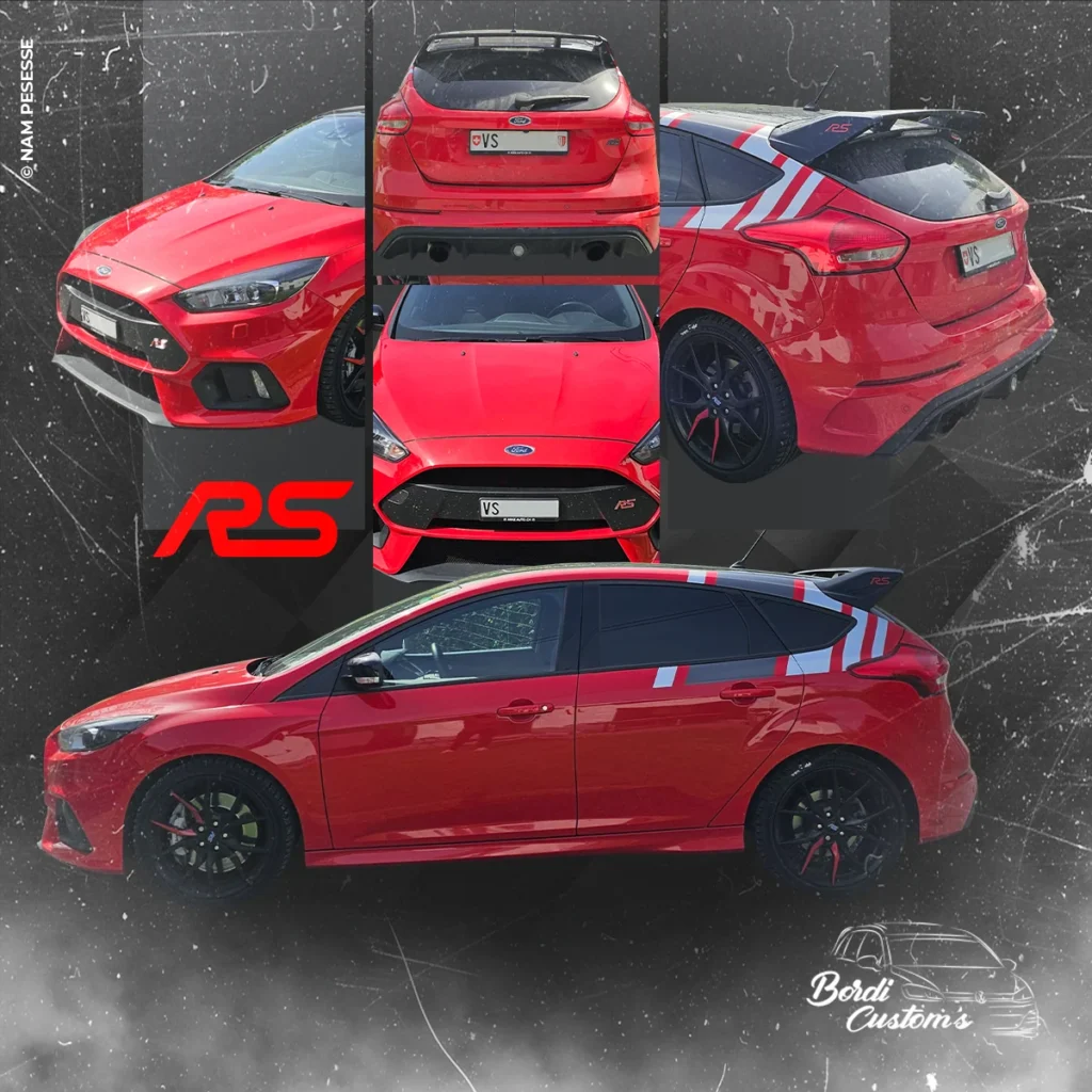 Montage graphique de plusieurs vues d’une Ford Focus RS rouge