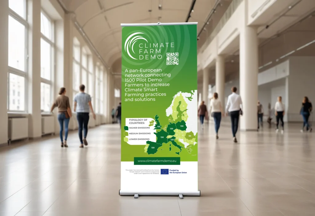 Support roll-up vert et blanc présenté dans un espace intérieur