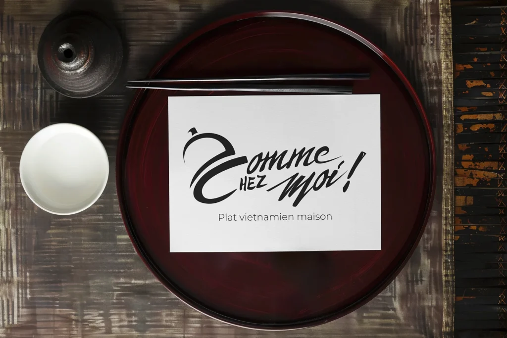 Logotype Comme chez moi présenté sur une carte et une assiette
