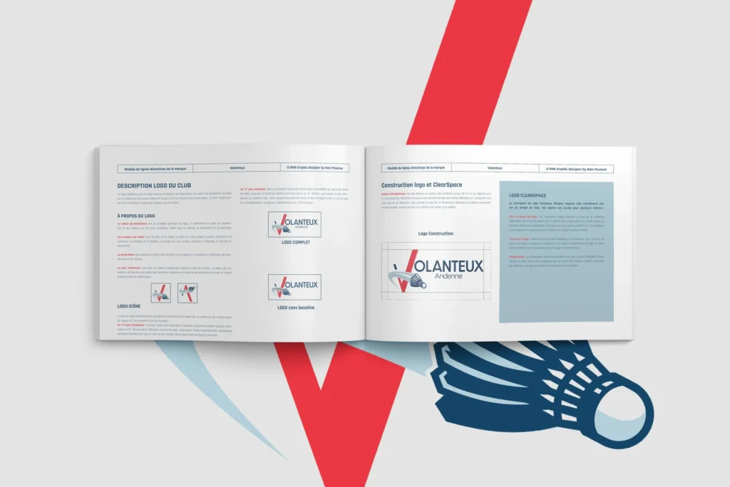 Double page de charte graphique Volanteux avec palette et déclinaisons