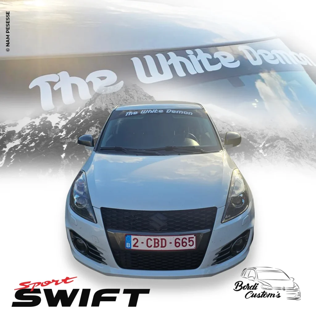 Composition graphique d’une Suzuki Swift avec typographie blanche
