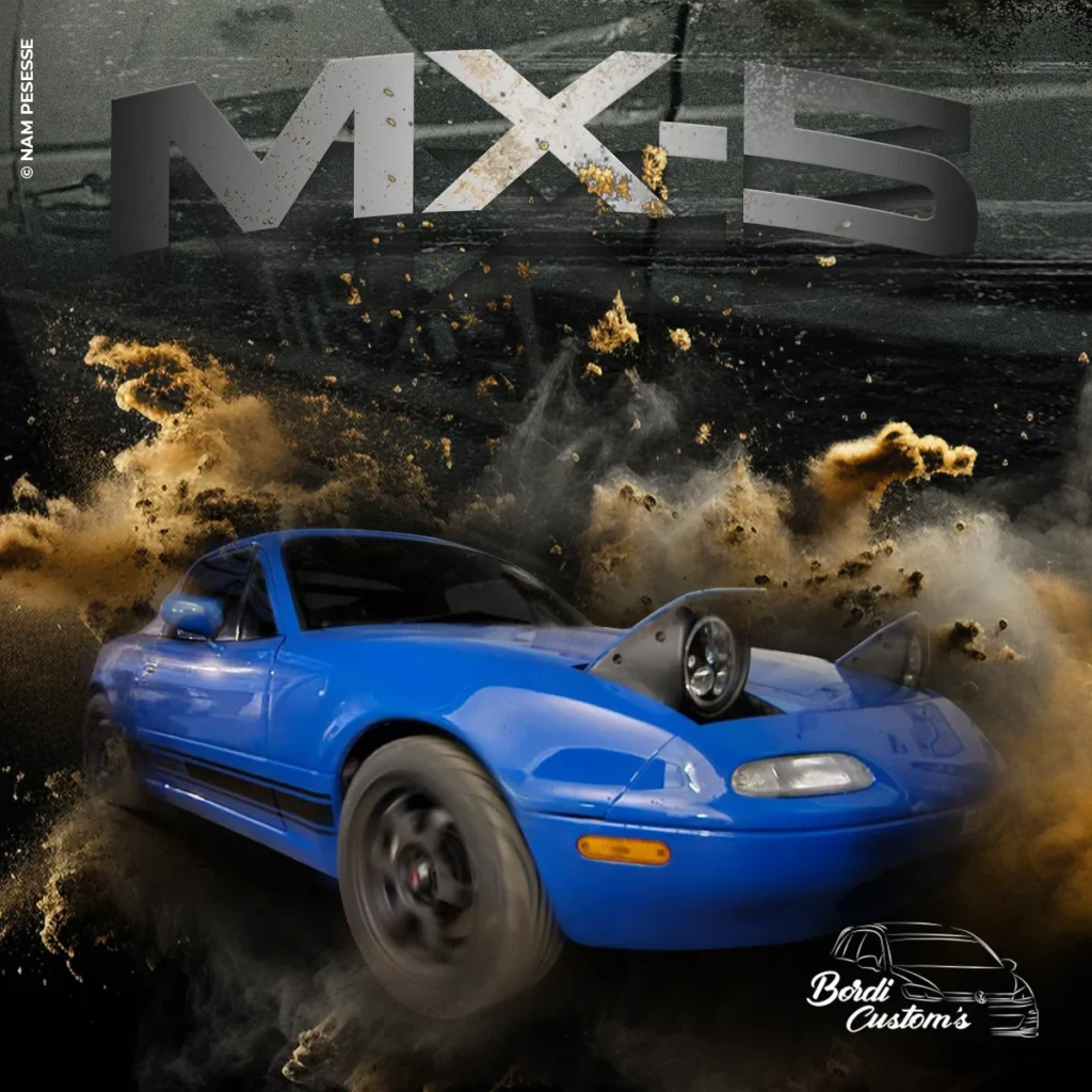 Composition graphique d’une Mazda MX-5 bleue avec effets lumineux