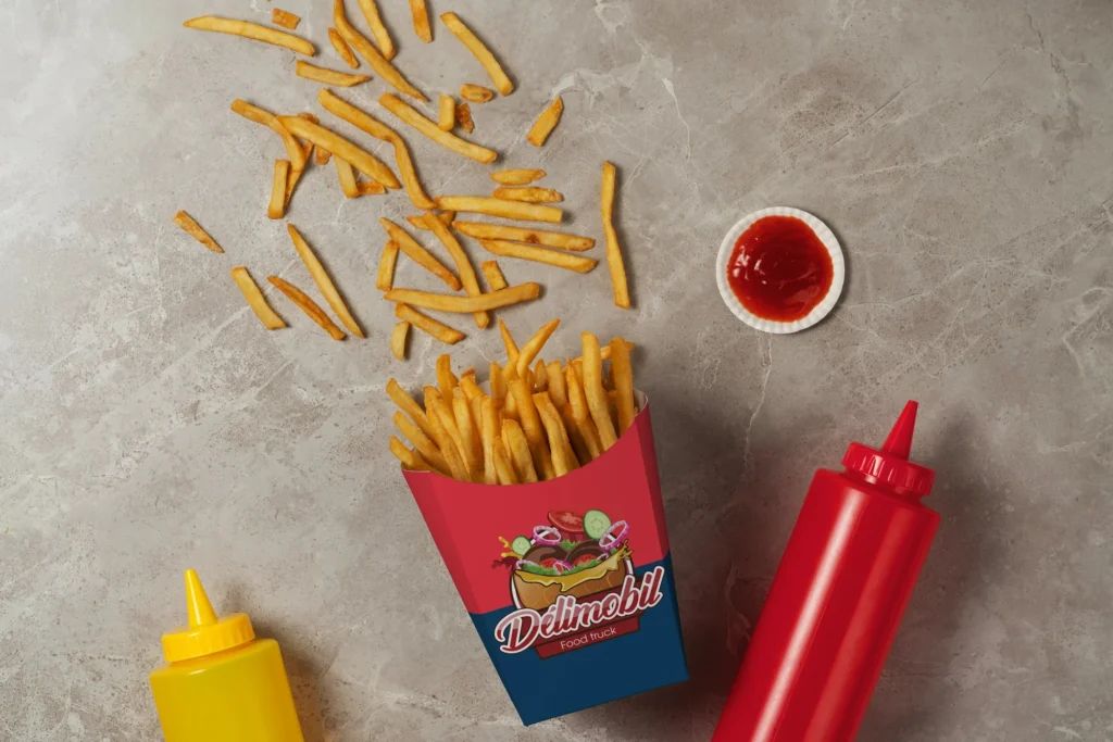 Étui à frites rouge portant le logotype Delimobil