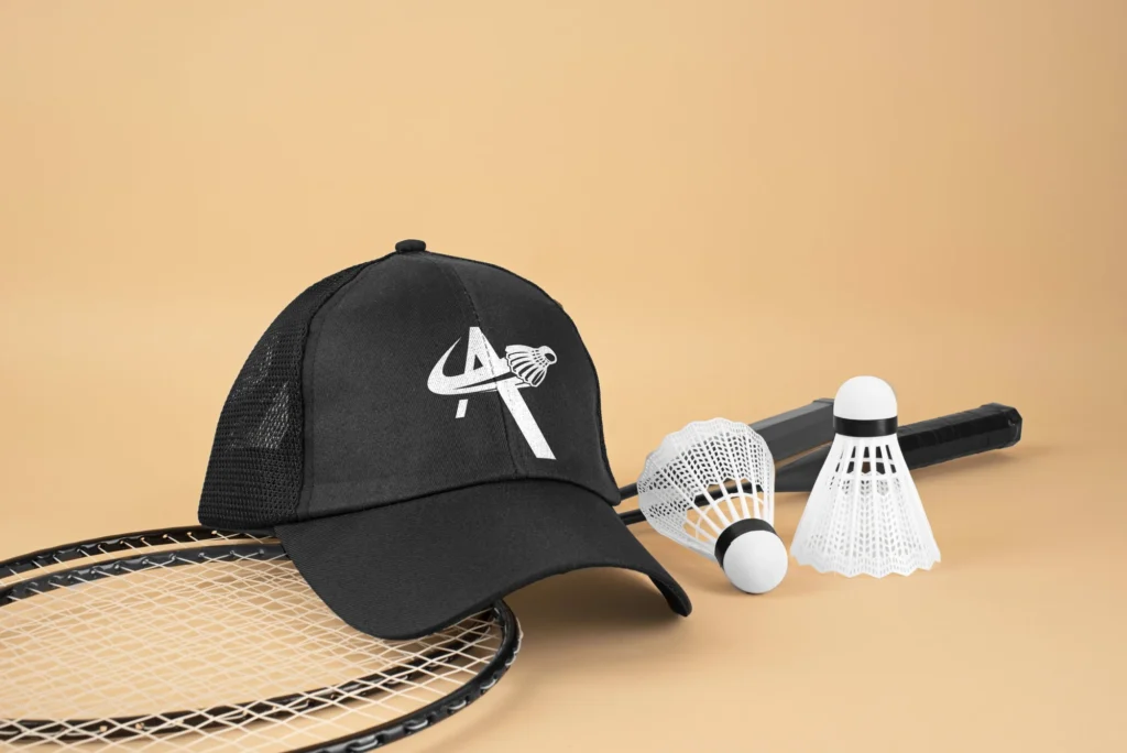Casquette noire marquée du symbole Volanteux avec des accessoires de badminton