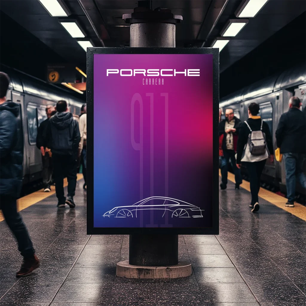 Affiche Porsche violette présentée dans un espace automobile