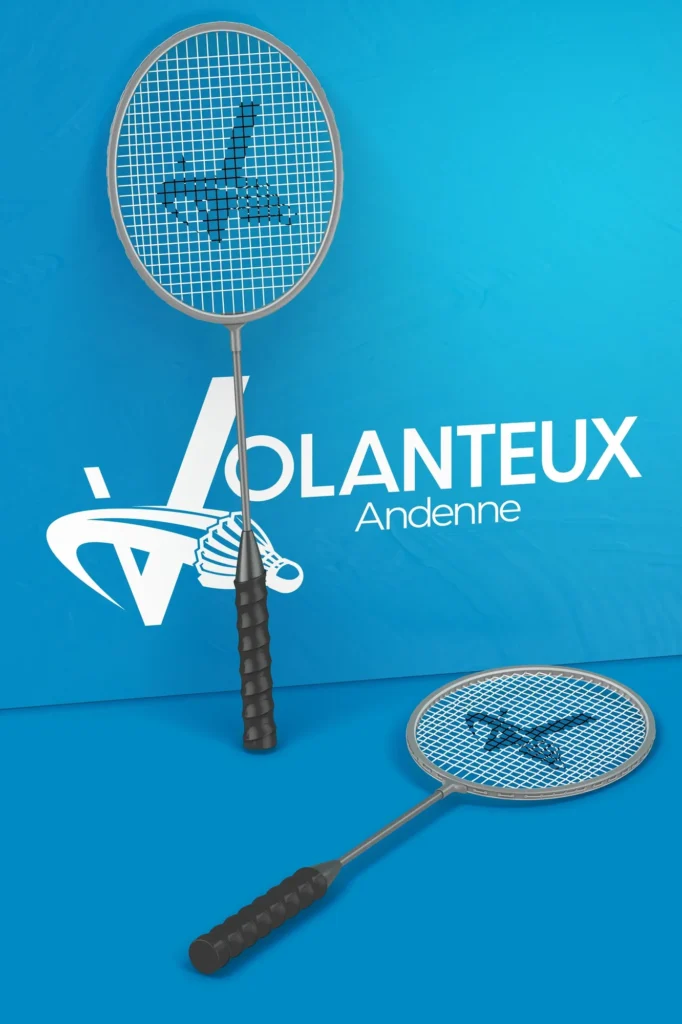 Affiche bleue Volanteux avec raquettes et volants de badminton