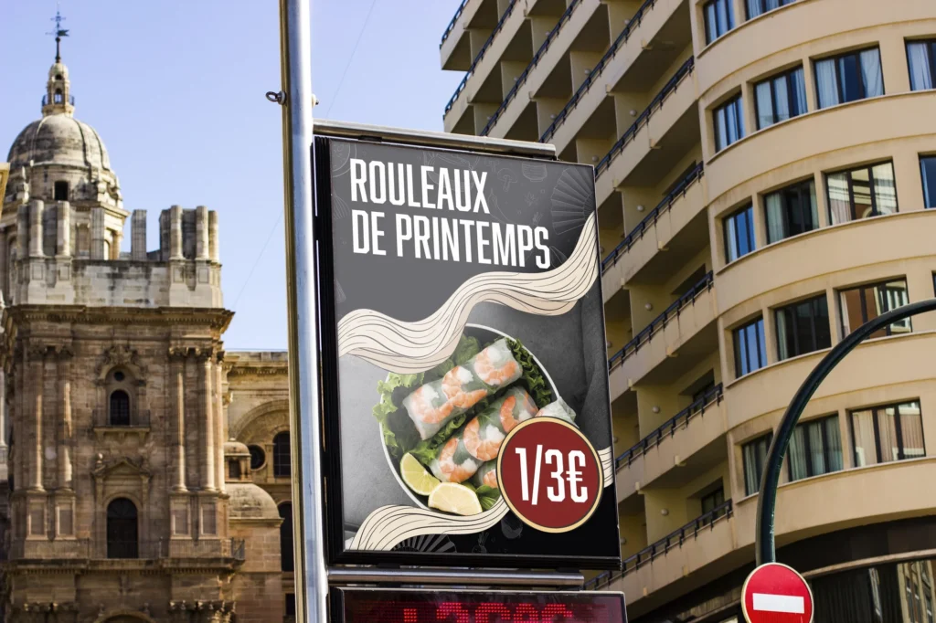 Affiche de restauration montrant des rouleaux de printemps dans un décor urbain