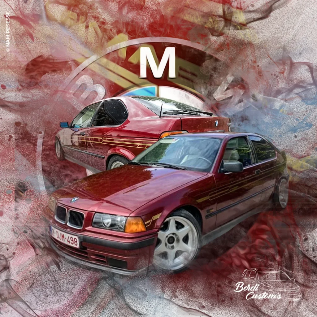 Composition automobile d’une BMW E36 rouge sur fond dynamique