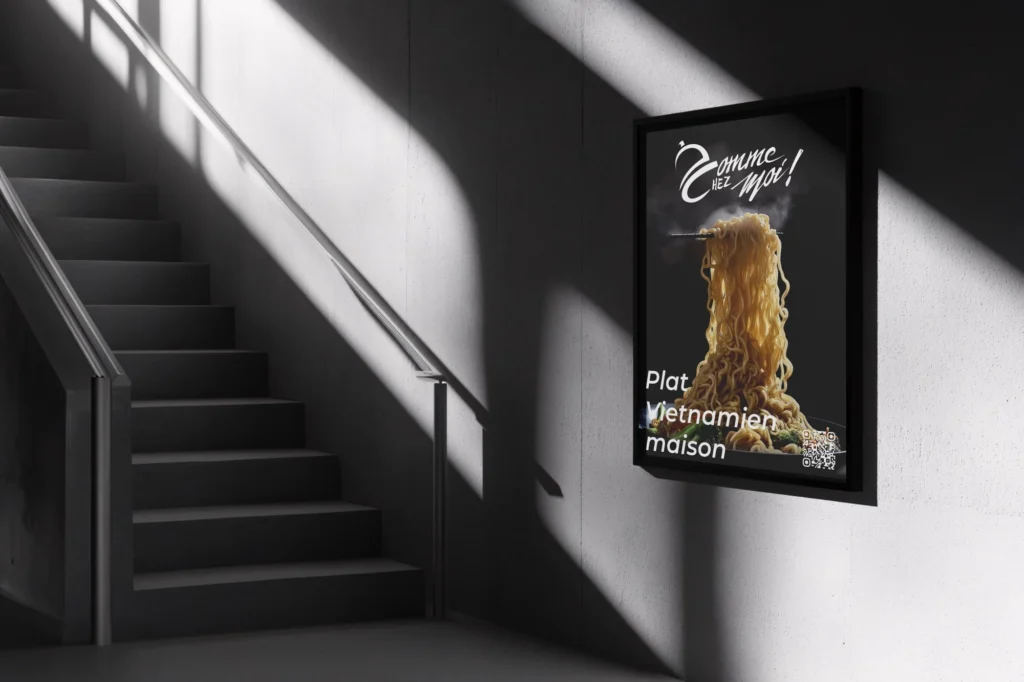 Affiche sombre de restauration présentée dans un intérieur