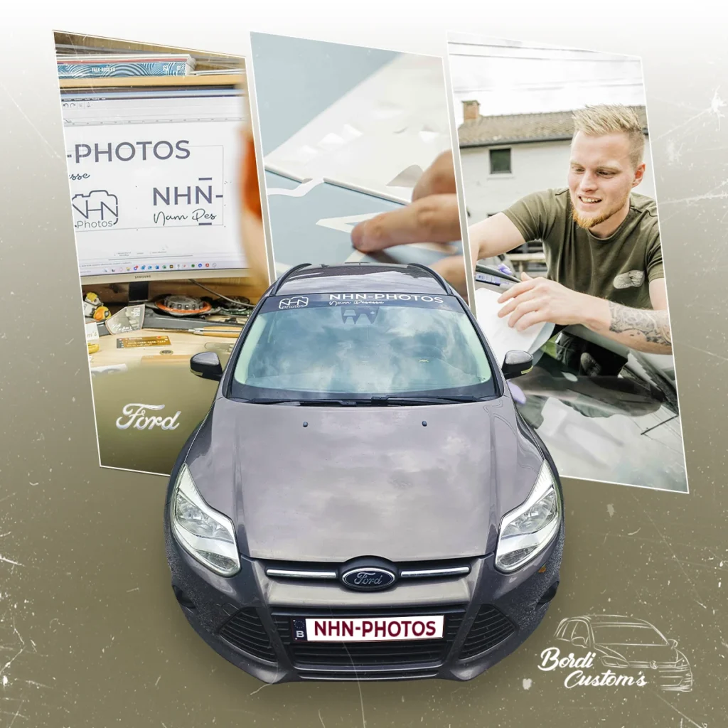 Composition graphique d’une Ford Focus grise et de plusieurs détails