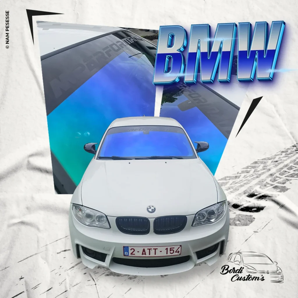Composition graphique autour d’une BMW blanche avec un habillage géométrique