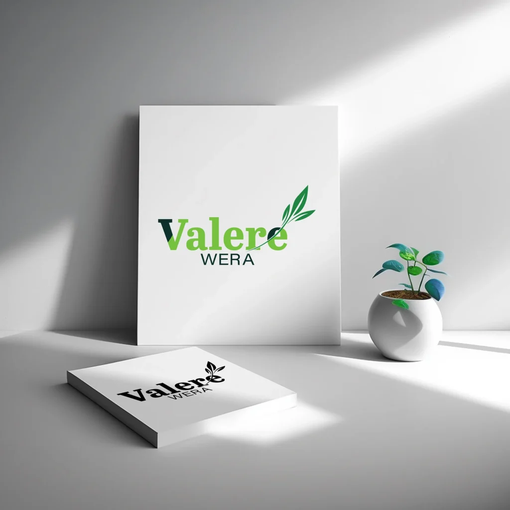 Déclinaisons du logotype Valère Wera sur papier et objets de bureau