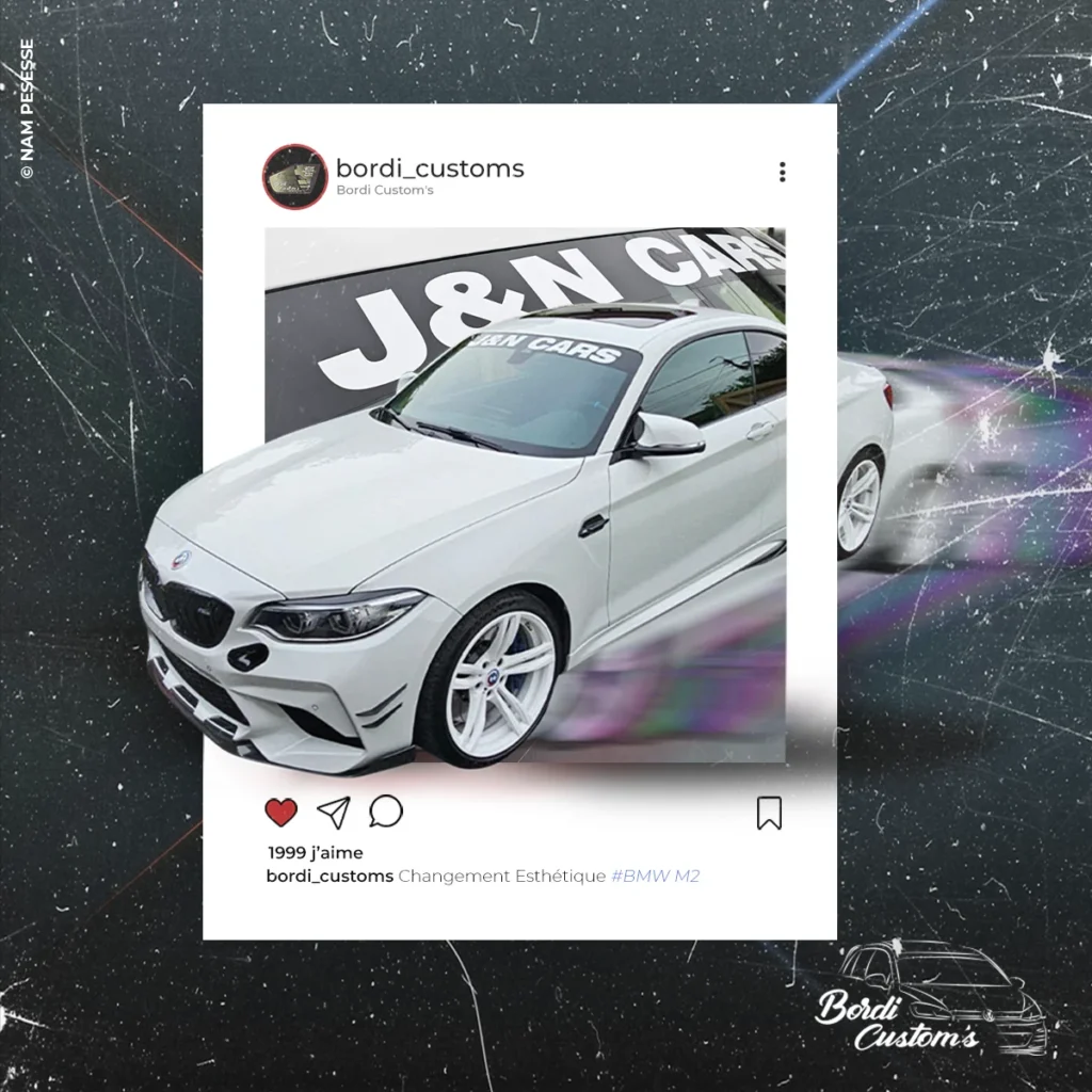 Composition automobile présentant une BMW M2 blanche dans un cadre de publication